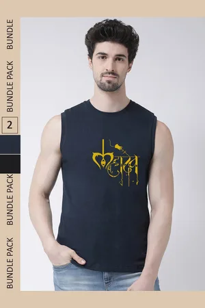 Friskers Pack Of 2 Typography Printed Sleeveless Slim Fit Pure Cotton Sports T-shirt