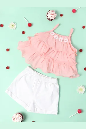 Nauti Nati Girls Peach-Coloured & Off-White Ruffled Top with Shorts