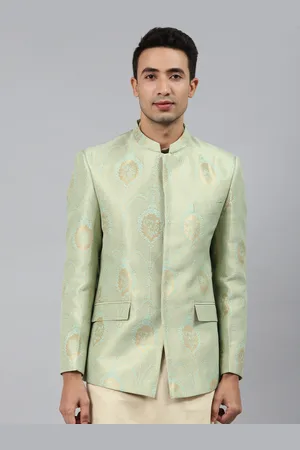 MANQ Men Green Self-Design Slim Fit Bandhgala Blazer