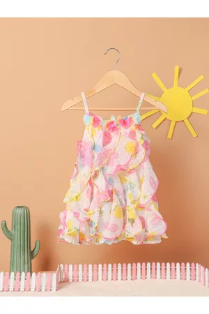Nauti Nati Girls White & Pink Printed A-Line Dress with Ruffle Detail