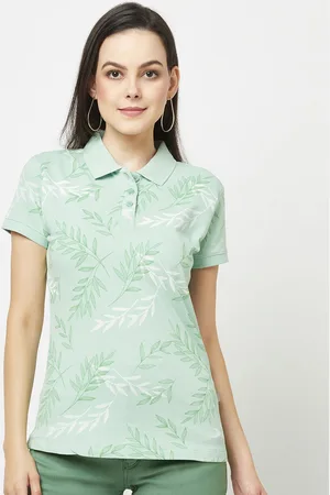 Crimsoune Club Women Floral Printed Polo Collar T-shirt