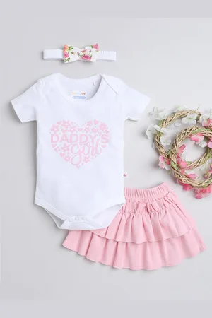 BUMZEE Infants Girls Printed Cotton Bodysuit With Skirt Set With Headband