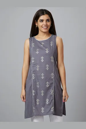 Globus Grey Ethnic Motifs Printed Gotta Patti Sleeveless Pure Cotton Kurta