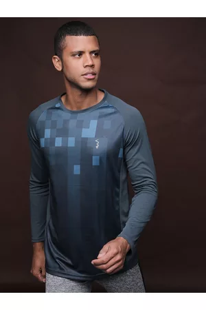 Campus Charcoal Geometric Printed Long Raglan Sleeves Dry-Fit Training T-shirt