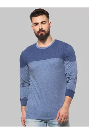 Campus Blue Colourblocked Round Neck Long Sleeves Casual Cotton T-shirt