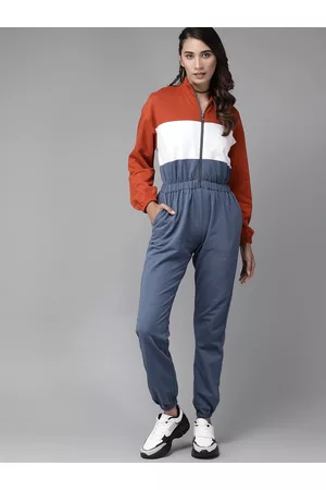 Roadster Women Loungewear - The Lifestyle Co Women Blue & Rust Orange Colourblocked Pure Cotton Knitted Basic Jogger Jumpsuit
