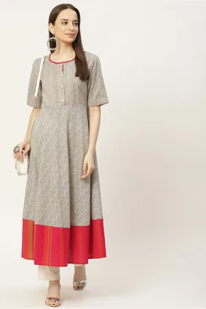 FABRIC FITOOR Women Grey & Pink Striped Anarkali Kurta