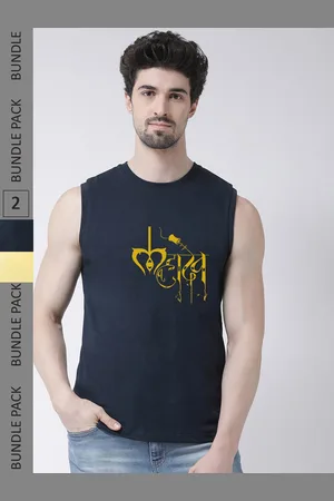Friskers Pack Of 2 Printed Sleeveless Slim Fit Pure Cotton Sports T-shirt