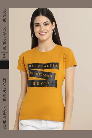 Fabflee Women Pack Of 2 Mustard Yellow & Black Typography Printed Cotton T-shirt