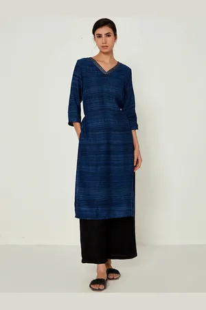 Ancestry Striped V-Neck Thread Work Pure Silk Kurta