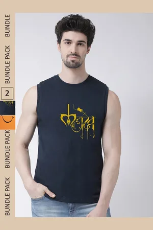 Friskers Pack Of 2 Printed Sleeveless Slim Fit Pure Cotton Sports T-shirt