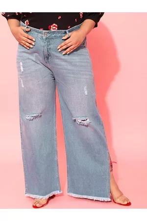 CURVY STREET Plus Size Women Blue Comfort Flared Low Distress Pure Cotton Flared Jeans