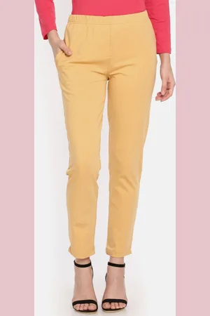 Dollar Missy Women Mustard Yellow Solid Classic Straight Fit Cigarette Trousers