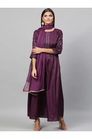 indo street Thread Work Beads & Stone A-Line Pleated Kurta with Trousers & Dupatta