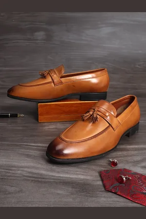 MUTAQINOTI Men Tan Patent Leather Tassel Loafers