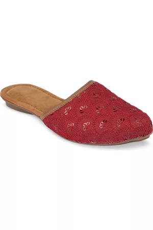 DESI COLOUR Women Maroon Embellished Mules with Laser Cuts Flats