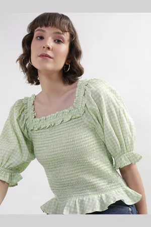 Elle Checked Square Neck Puff Sleeve Smocking Top