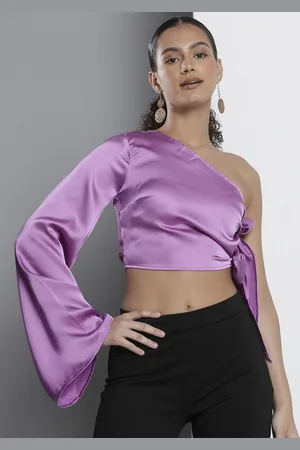 NA-KD One Shoulder Flared Sleeve Wrap Stain Finish Crop Top