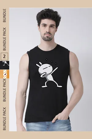 Friskers Pack Of 2 Printed Sleeveless Slim Fit Pure Cotton Sports T-shirt