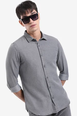 Highlander Grey Floral Printed Slim Fit Denim Casual Shirt