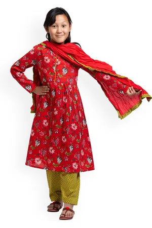 My Little Lambs Girls Floral Printed Pure Cotton A-Line Kurta With Salwar & Dupatta