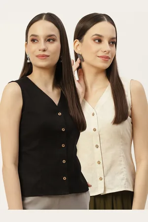Molcha Women Pack Of 2 Off White & Black Solid Cotton Long Saree Blouse