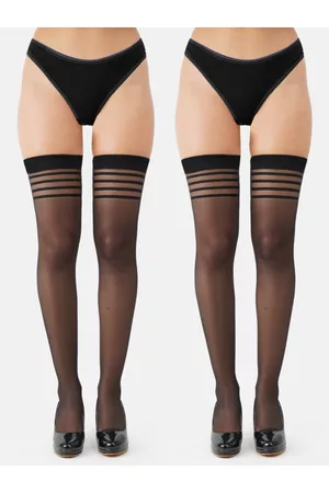 Next2Skin Pack of 2 Women Black Sheer Thigh-High Transparent Stockings