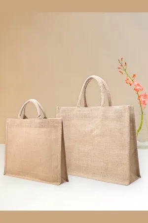 Golden Peacock Set Of 2 Brown Jute Eco-Friendly Oversized Shopper Tote Bag