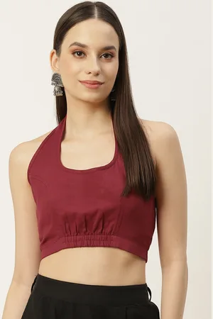 Molcha Women Maroon Printed Non Padded Halter Neck Cotton Saree Blouse