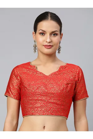 flaher Women Red & Gold Ethnic Motifs Jacquard Woven Design Saree Blouse with Cut-Out