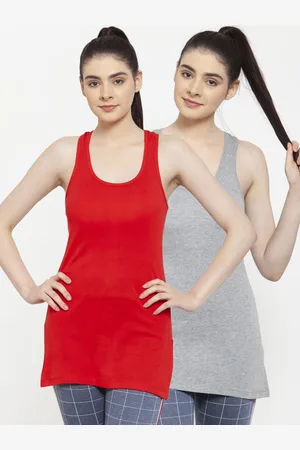 Friskers Women Pack Of 2 Red & Grey Solid Longline Tank Tops