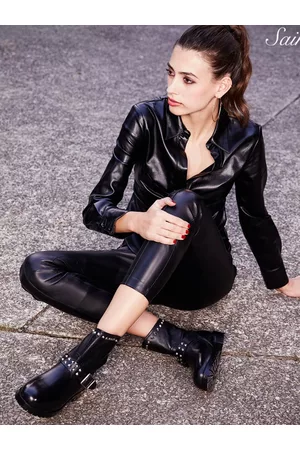 SAINT G. Black Leather Platform Heeled Ankle Boots with Buckles