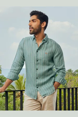 Andamen Striped Spread Collar Long Sleeves Premium Slim Fit Linen Casual Shirt