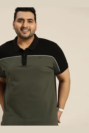 Sztori Men Plus Size Olive Green & Black Colourblocked Polo Collar Pure Cotton T-shirt