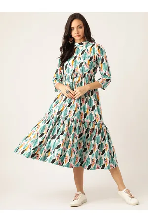 Sangria Women White & Blue Printed Tiered A-Line Dress