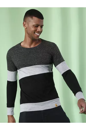 Campus Charcoal Colourblocked Long Sleeves Casual Cotton T-shirt