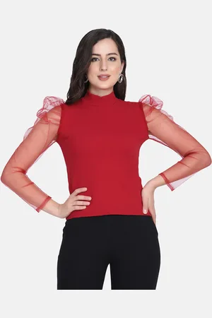 BuyNewTrend High Neck Long Puff Sleeves Regular Top