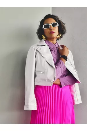 Tokyo Talkies Women Silver Crop Biker Jacket