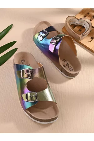 HERE&NOW Women Printed Two Strap Comfort Open Toe Flats With Buckle Detail