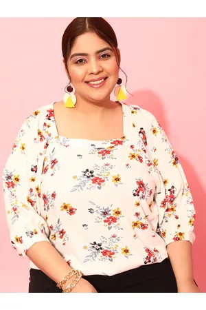 CURVY STREET Plus Size Floral Printed Square Neck Crepe Top