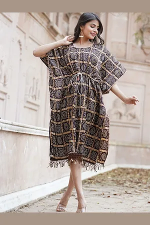 Kesarya Ethnic Motifs Printed Kimono Sleeves Silk Kaftan Dress