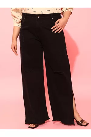 CURVY STREET Plus Size Women Black Comfort Mid-Rise Flared Pure Cotton Jeans