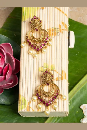 HOUSE OF ARLI Gold-Plated Magenta Crescent Shaped Chandbali Earrings
