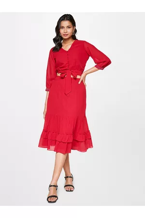AND V-Neck Puff Sleeves Crop Top With Skirt Co-Ords