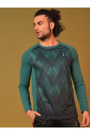 Campus Green Geometric Printed Dry-Fit Long Raglan Sleeves T-shirt