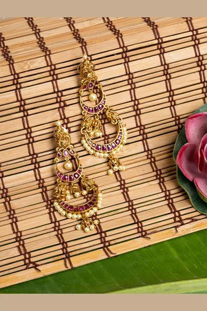 HOUSE OF ARLI Gold-Plated Crescent Shaped Chandbali Earrings