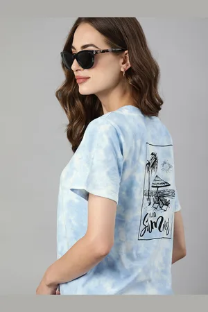 HERE&NOW HERENOW Women Blue White Tie and Dye Pure Cotton T-shirt with Back Print