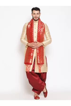 Bazaar Men Dupattas - Men Red & Gold-Toned Ethnic Motifs Woven Design Dupatta