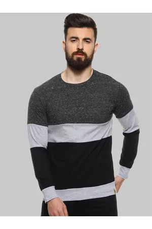 Campus Charcoal Colourblocked Round Neck Long Sleeves Casual Cotton T-shirt
