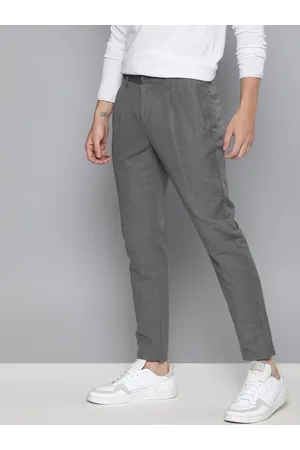 Mast & Harbour Men Charcoal Grey Slim Fit Solid Regular Pleated Linen Cotton Trousers